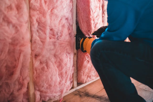 person installing pink insulation